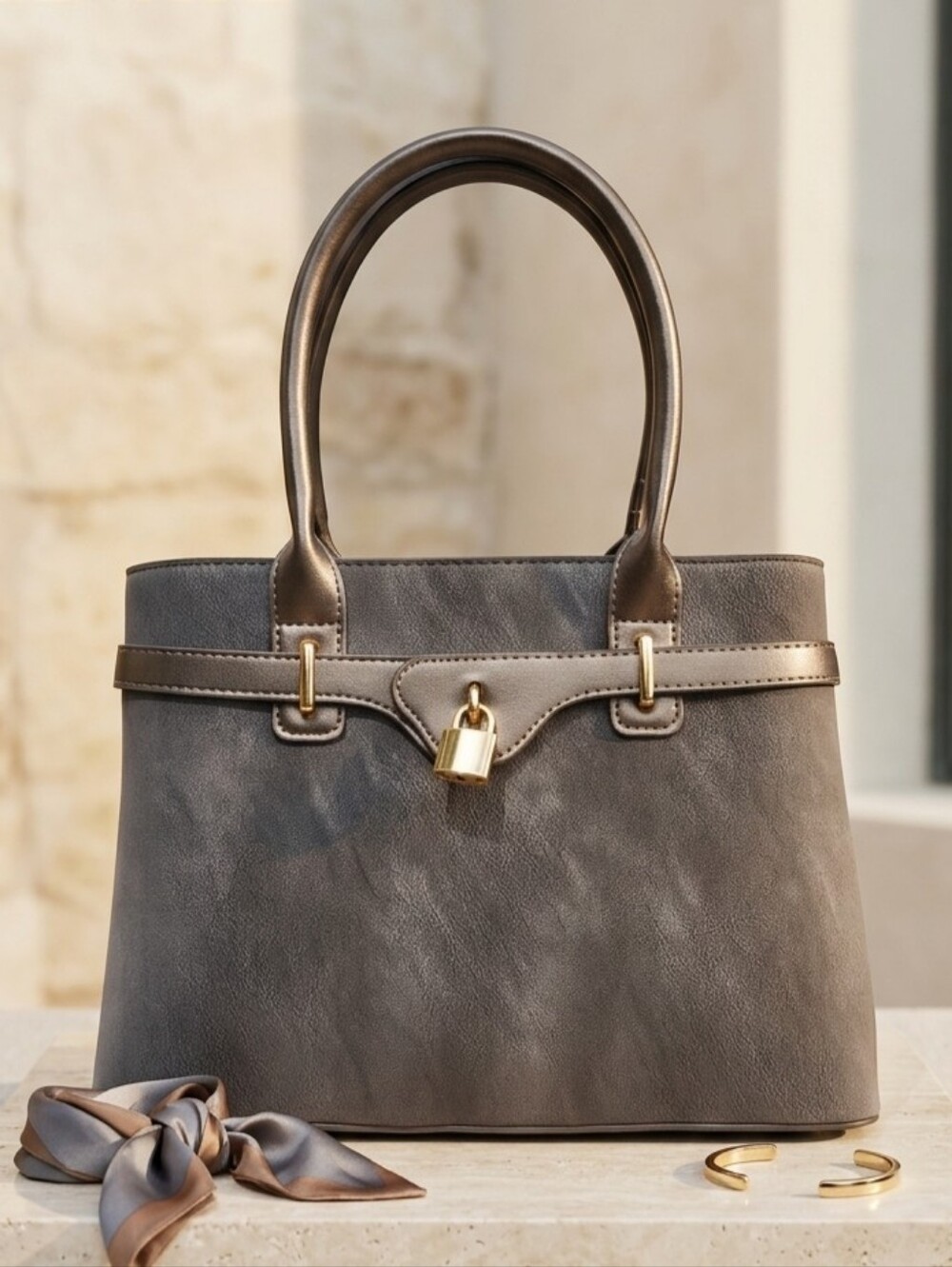 AR New York Grey Leather Satchel Handbag Crossbody Purse Top Handles
